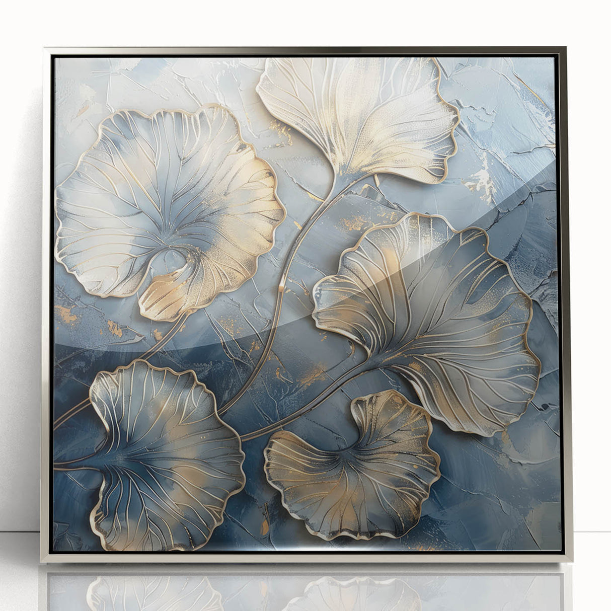 Framed acrylic artwork showcasing an abstract floral design in vibrant colors, accented with a sleek silver frame, ideal for modern home decor.