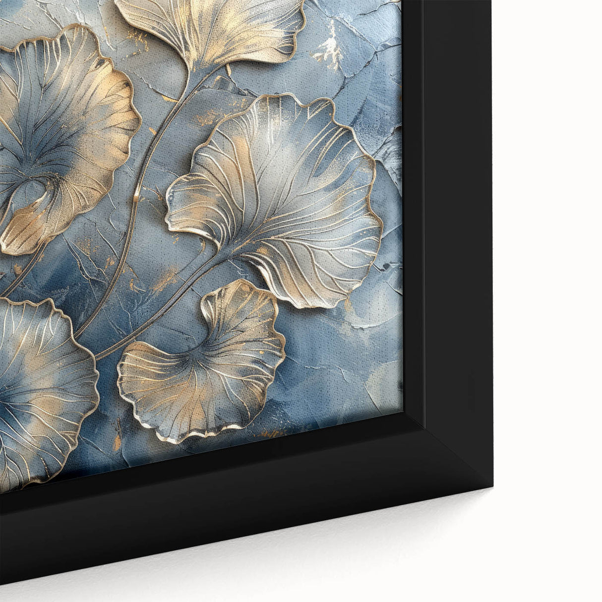 Close-up of a vibrant abstract floral framed canvas, showcasing intricate patterns in shades of blue, pink, and gold, perfect for modern home decor.