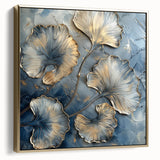 Framed canvas artwork showcasing an abstract floral design in silver and gold tones, ideal for modern home decor. The piece features intricate patterns and a contemporary aesthetic, adding elegance to any space.