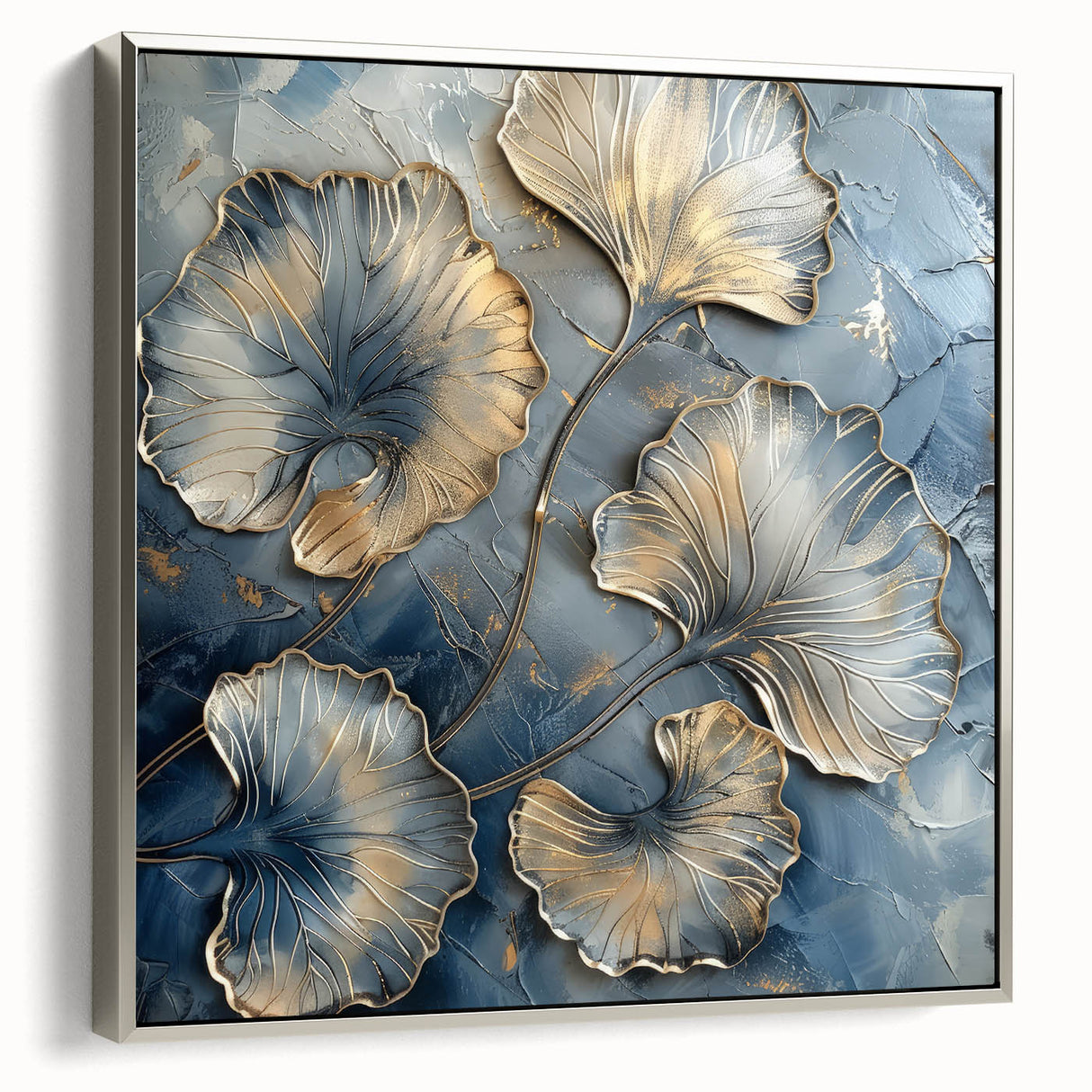 Framed canvas artwork showcasing an abstract floral design with vibrant colors and elegant silver frame, perfect for modern home decor. Ideal for enhancing living spaces with a touch of nature-inspired beauty.