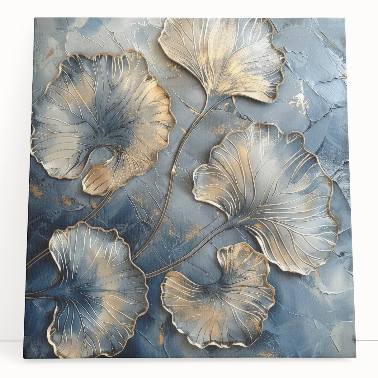 Abstract floral canvas artwork featuring vibrant colors and intricate designs, elegantly leaning against a neutral wall, perfect for modern home decor.