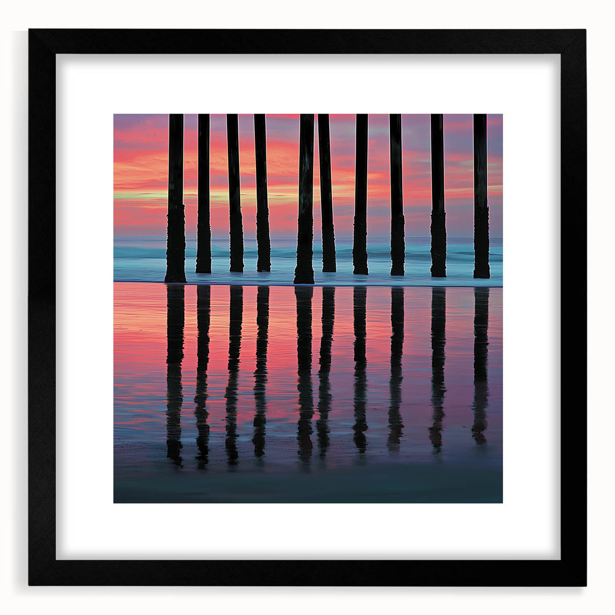Abstract landscape artwork framed with a sleek black mat, showcasing vibrant hues of blue, green, and gold in a modern design, perfect for home decor.