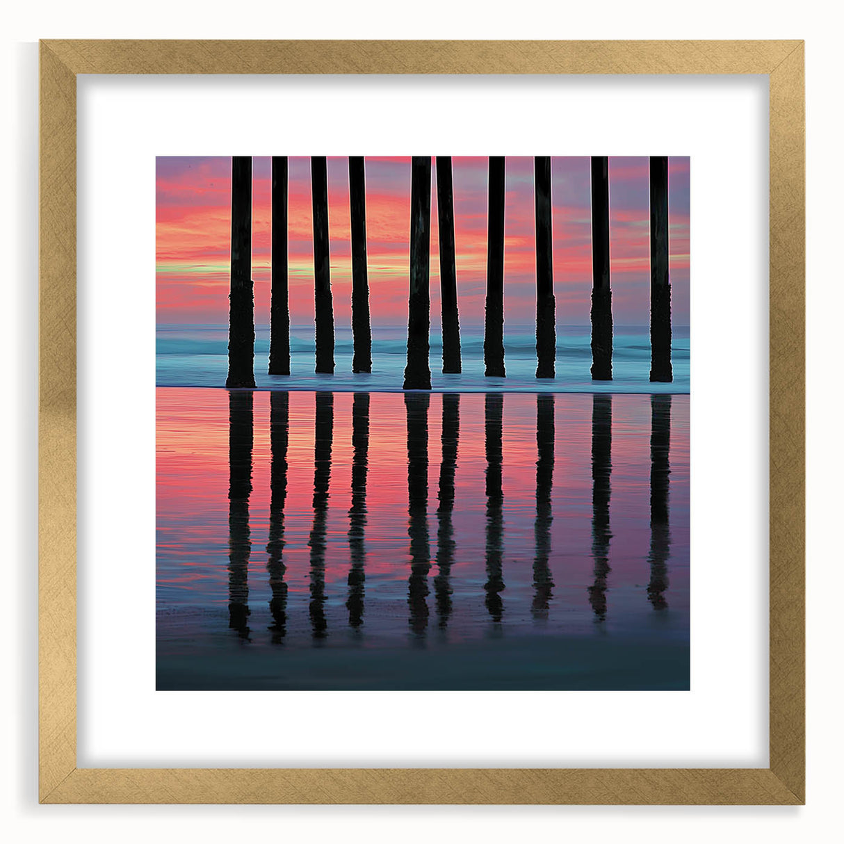 Abstract landscape frame with mat in gold, showcasing a serene blend of earthy tones and vibrant colors, perfect for modern home decor or gallery walls.