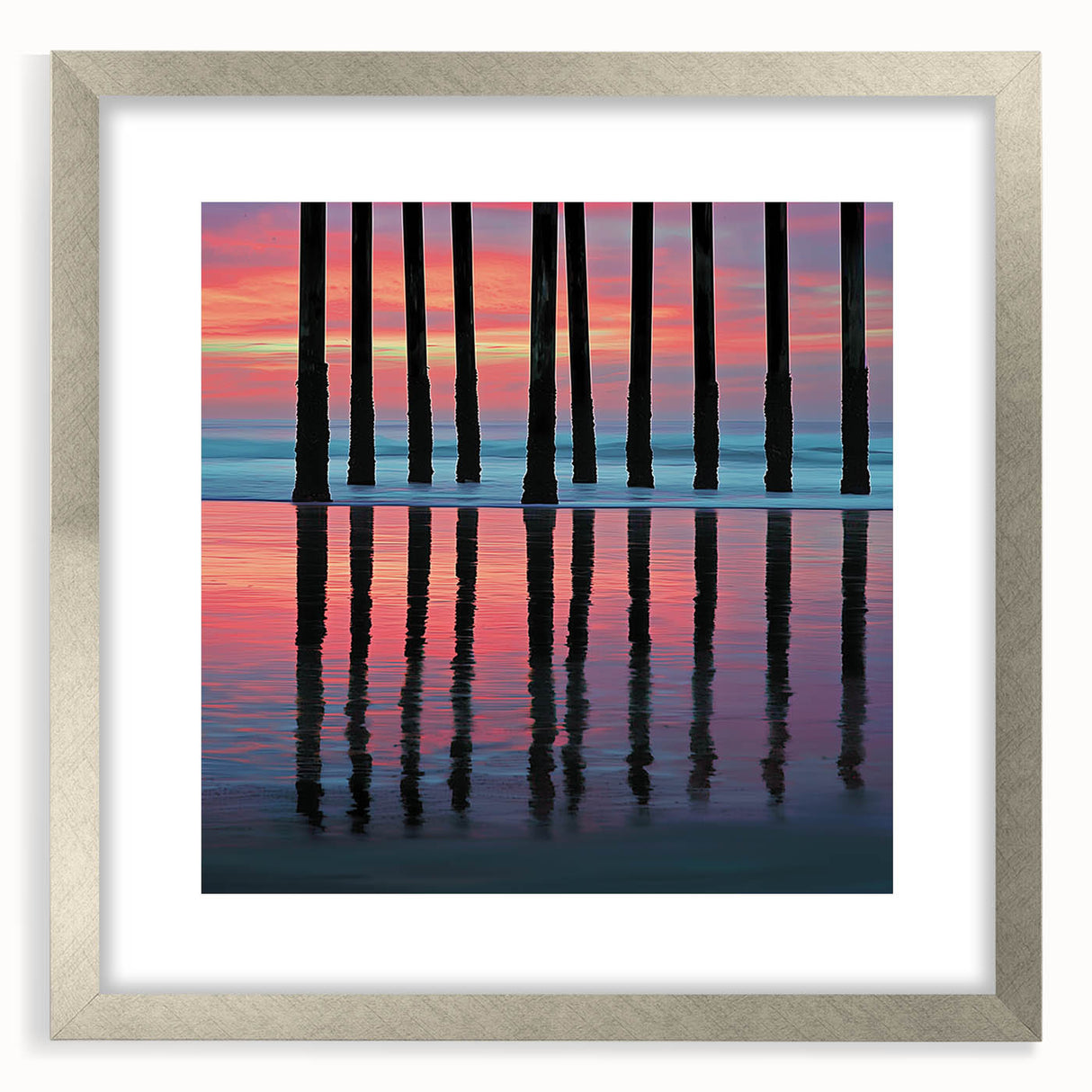 Abstract landscape artwork framed in silver with a mat, showcasing vibrant colors and intricate textures, ideal for modern home decor or office settings.