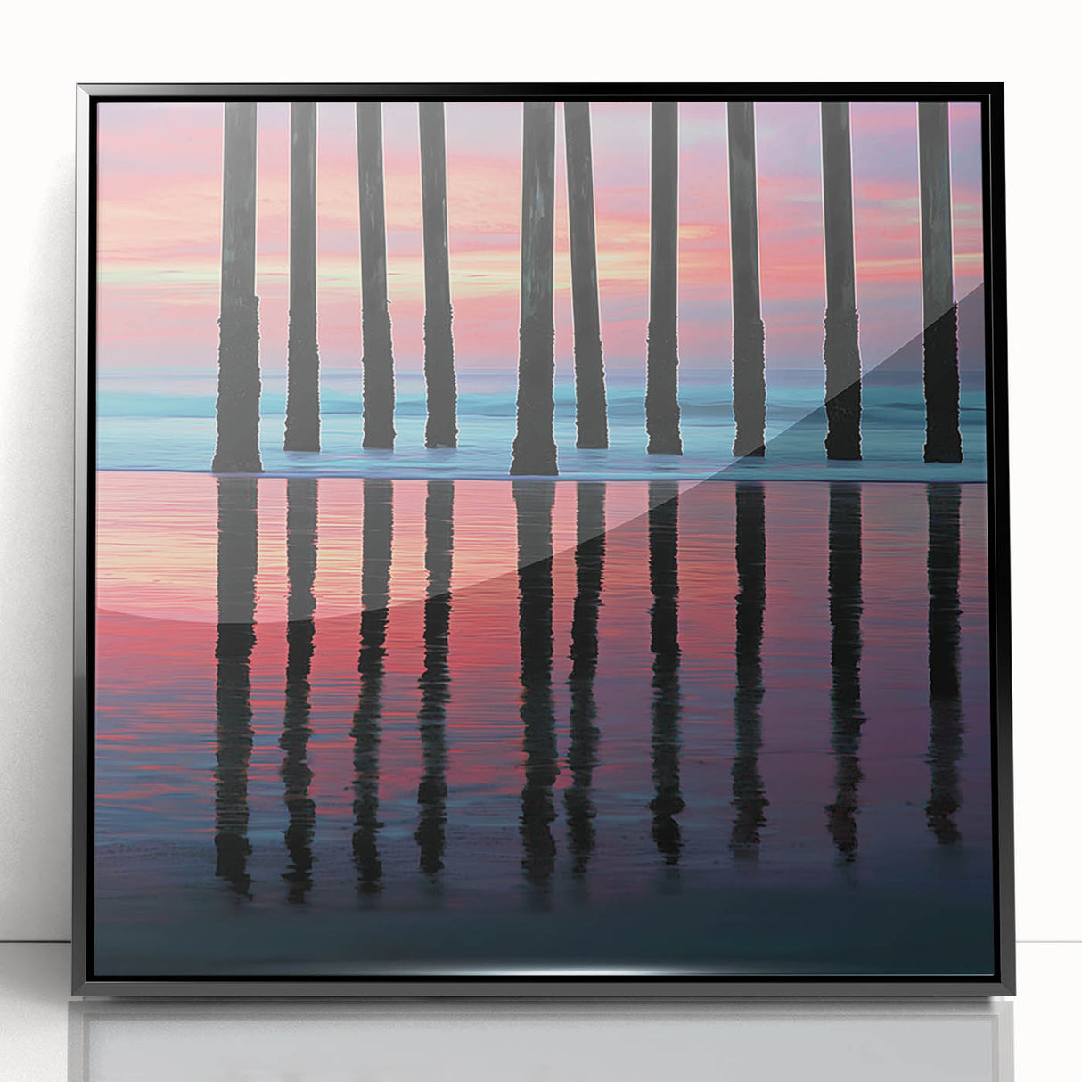 Abstract landscape artwork framed in black acrylic, showcasing vibrant colors and dynamic shapes, perfect for modern home decor. Ideal for art enthusiasts and contemporary settings.