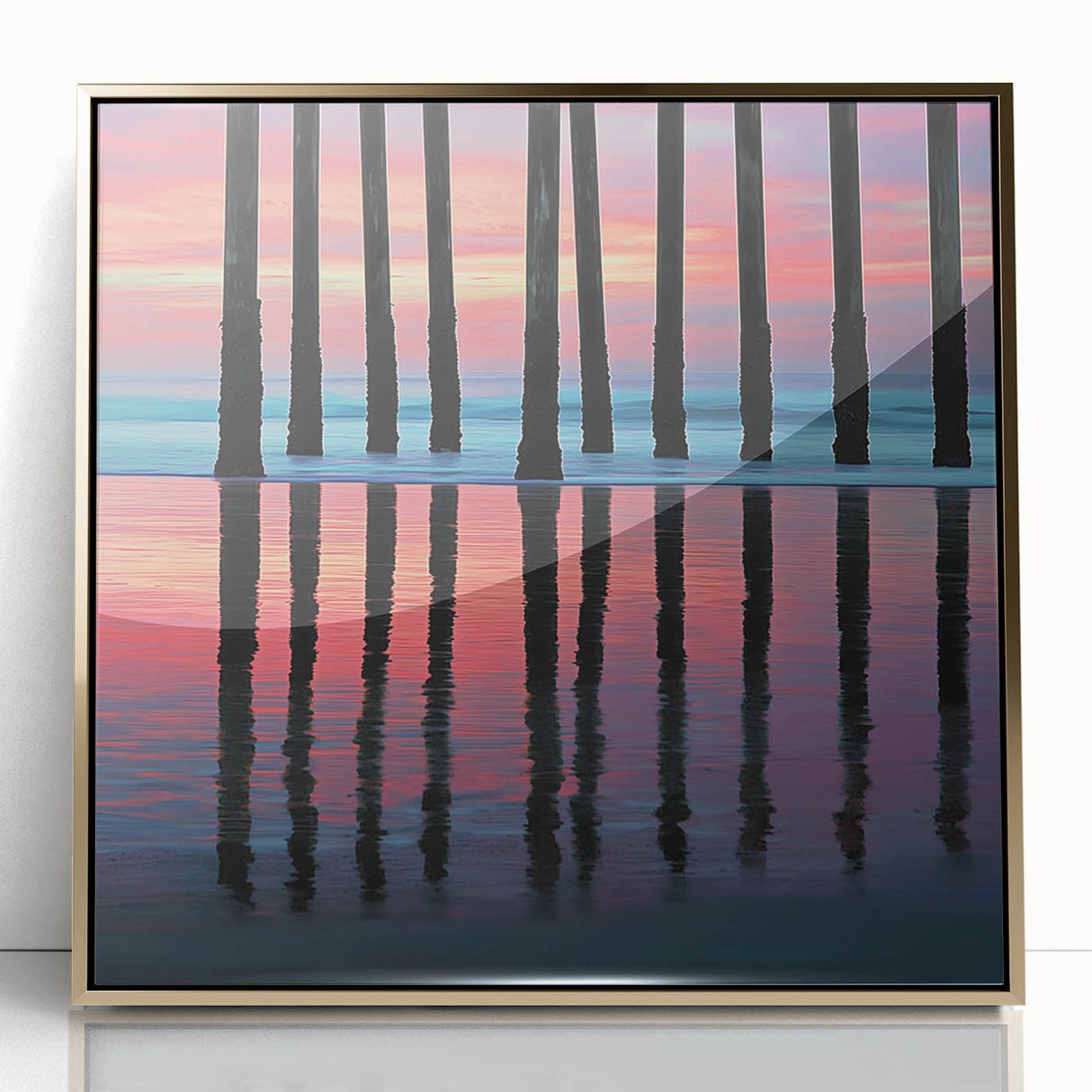 Framed acrylic artwork showcasing an abstract landscape design with gold accents, set against a neutral background. Ideal for modern home decor.