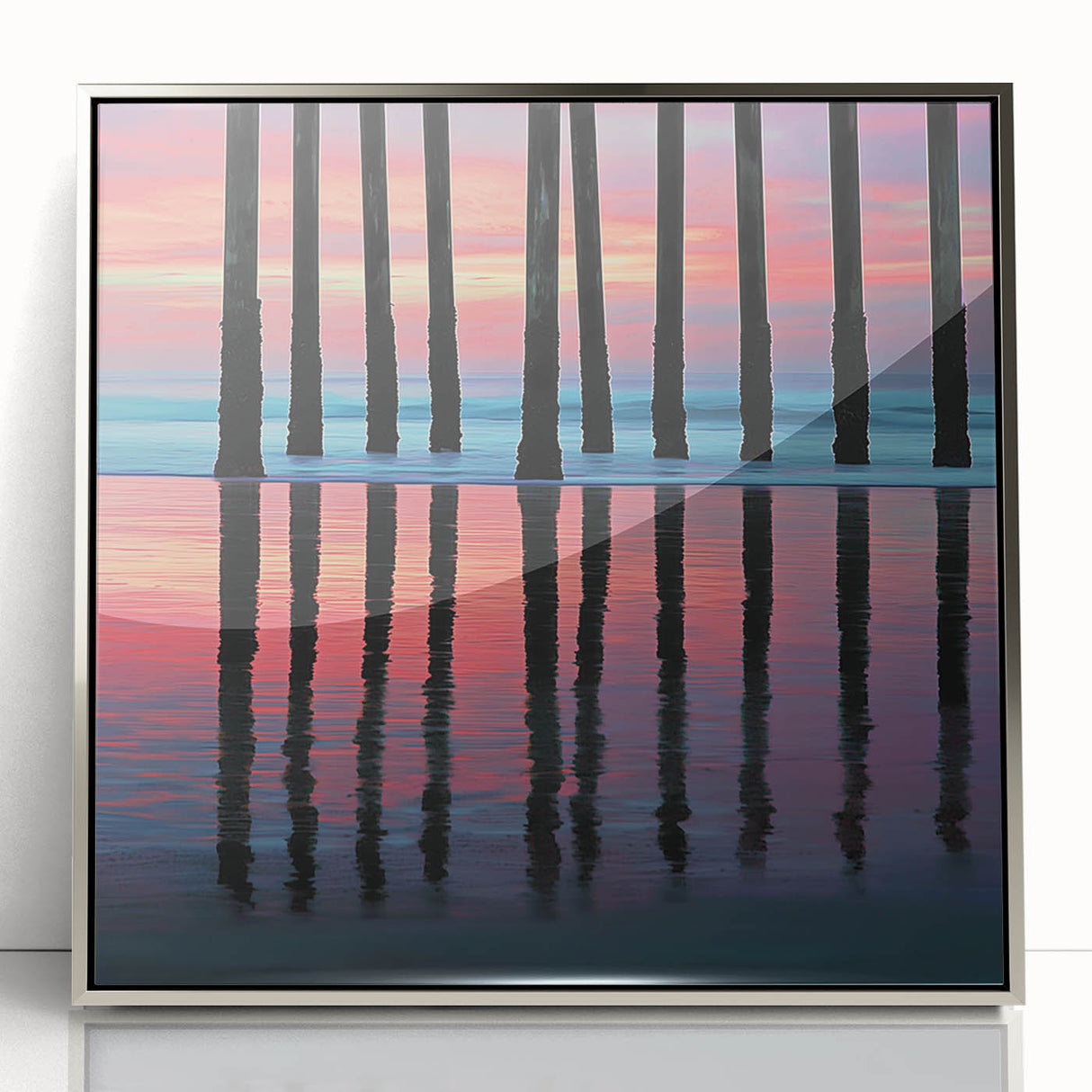 Framed abstract landscape artwork in silver acrylic, showcasing a vibrant blend of blues, greens, and earthy tones, perfect for modern home decor. Ideal for adding a touch of elegance to any living space.