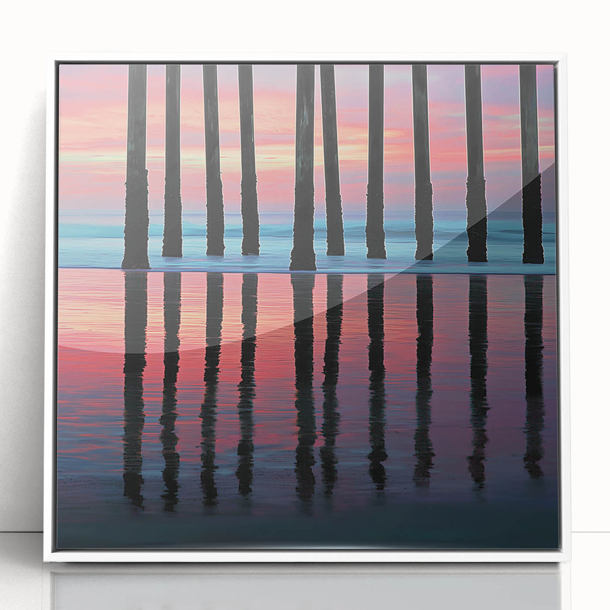 Framed acrylic artwork showcasing an abstract landscape in soft pastel colors, set in a sleek white frame, perfect for modern home decor.