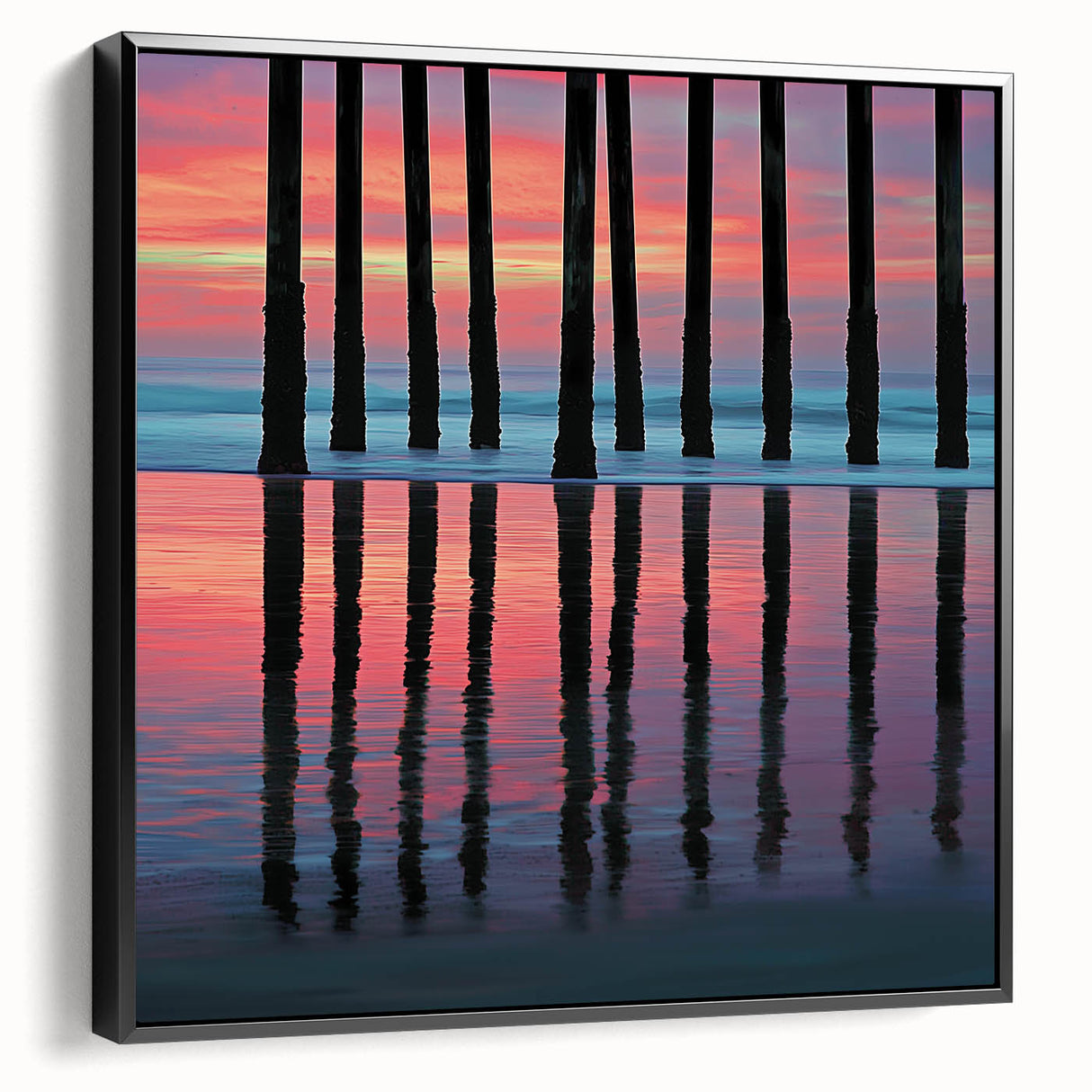 Framed abstract landscape canvas showcasing a vibrant blend of earth tones and blues, set against a sleek black frame, ideal for modern home decor.