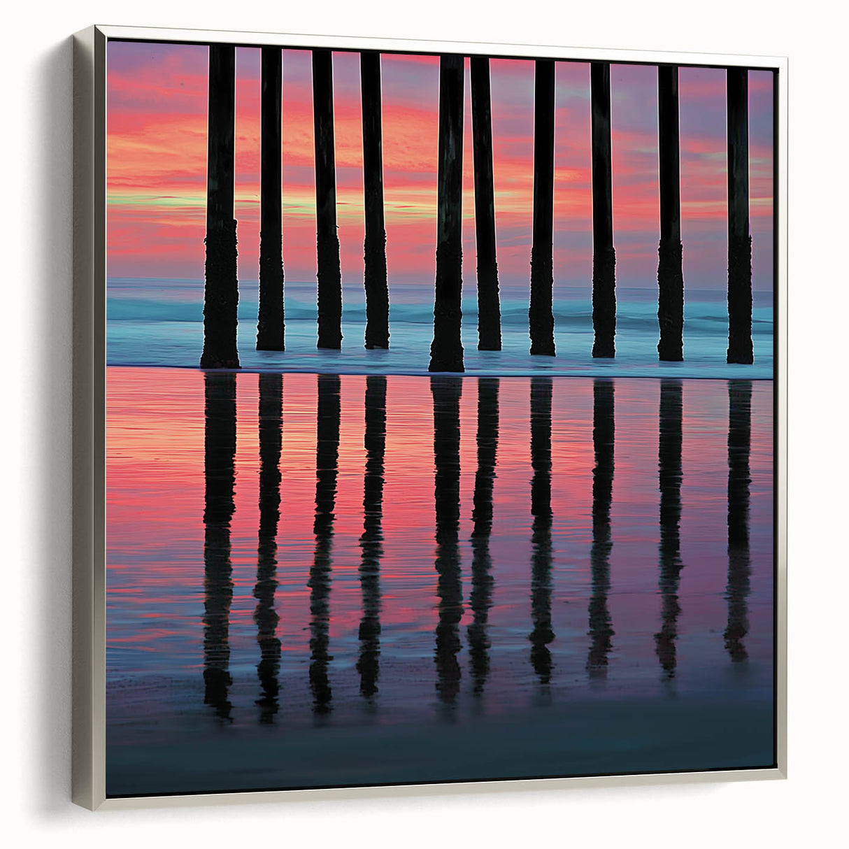 Abstract landscape framed canvas artwork displaying soothing blue and green hues with a silver frame, perfect for modern home decor and aesthetic enhancement.