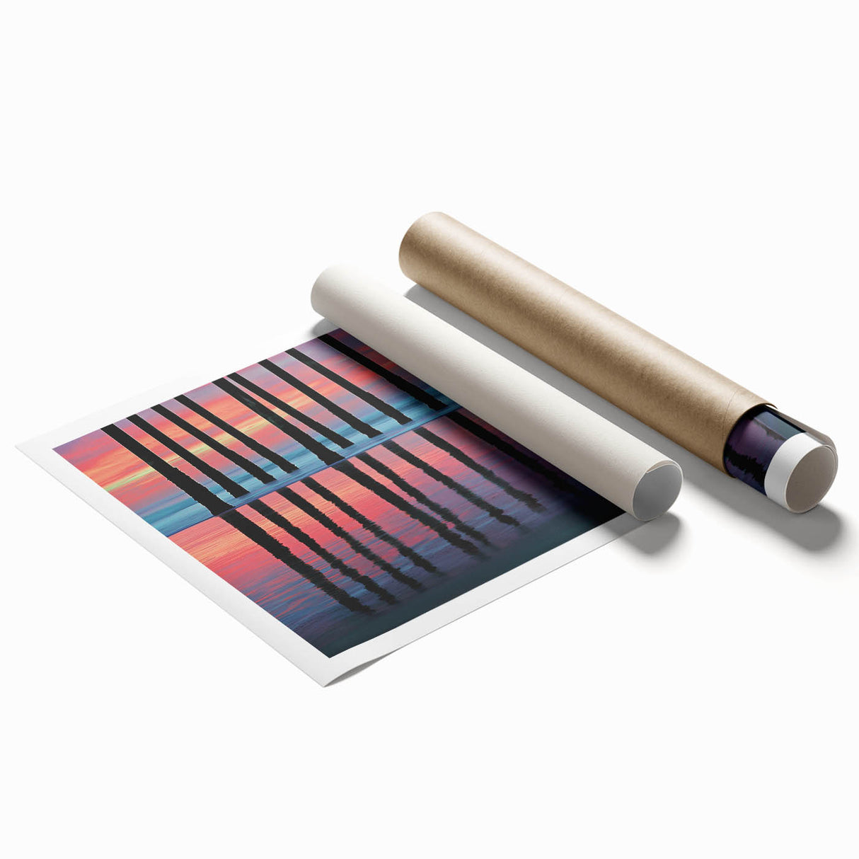 Abstract landscape rolled print showcasing vibrant colors and fluid shapes, designed to evoke serene natural scenery, packaged securely in a protective tube.