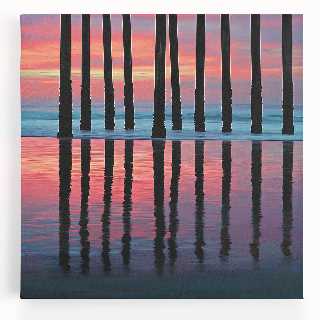 Abstract landscape stretched canvas artwork showcasing vibrant hues of blue, green, and gold, perfect for modern home decor, enhancing any living space with artistic flair.