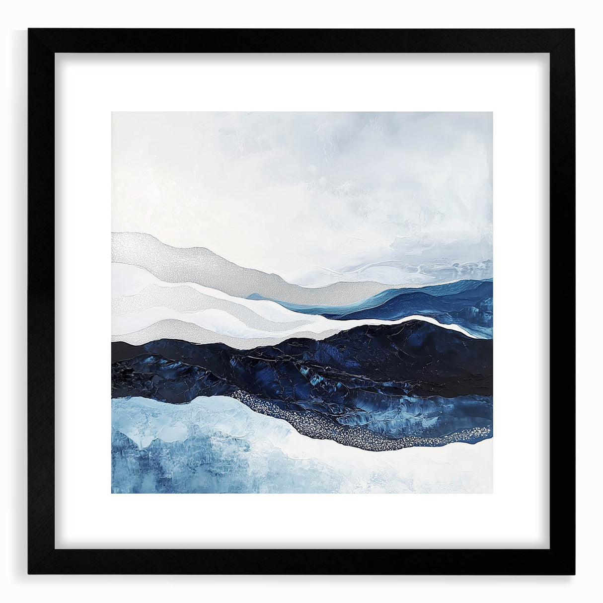 Modern Monochrome Abstract Wall Art – Navy and Silver Canvas