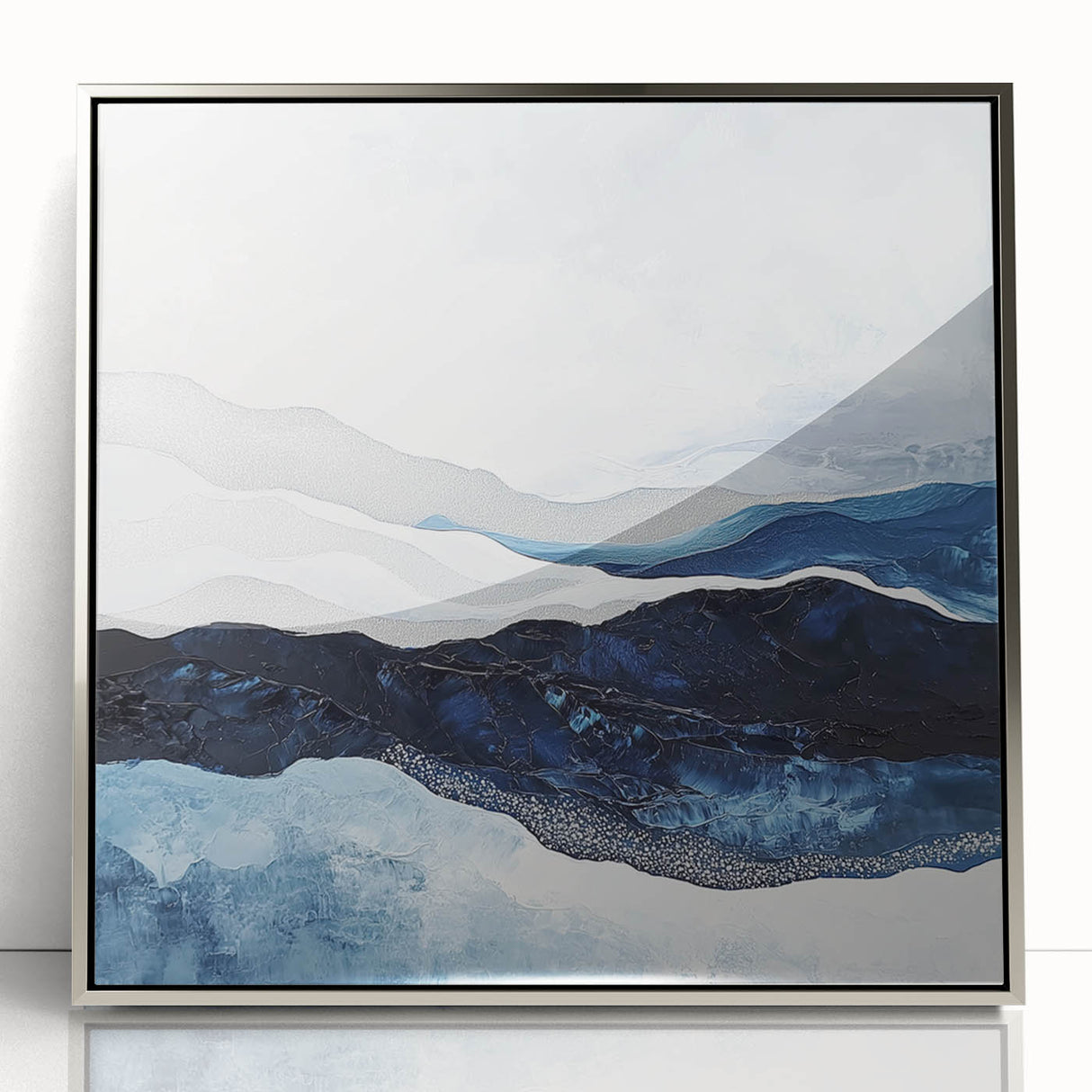 Modern Monochrome Abstract Wall Art – Navy and Silver Canvas