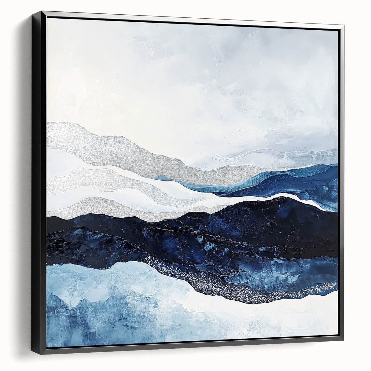 Modern Monochrome Abstract Wall Art – Navy and Silver Canvas