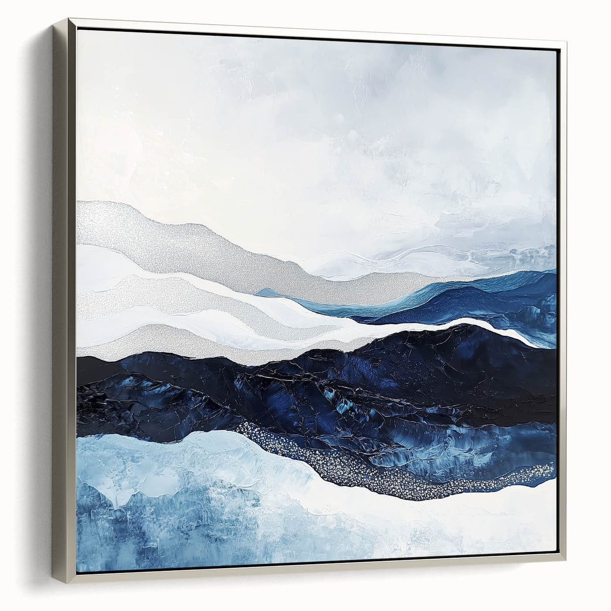 Modern Monochrome Abstract Wall Art – Navy and Silver Canvas