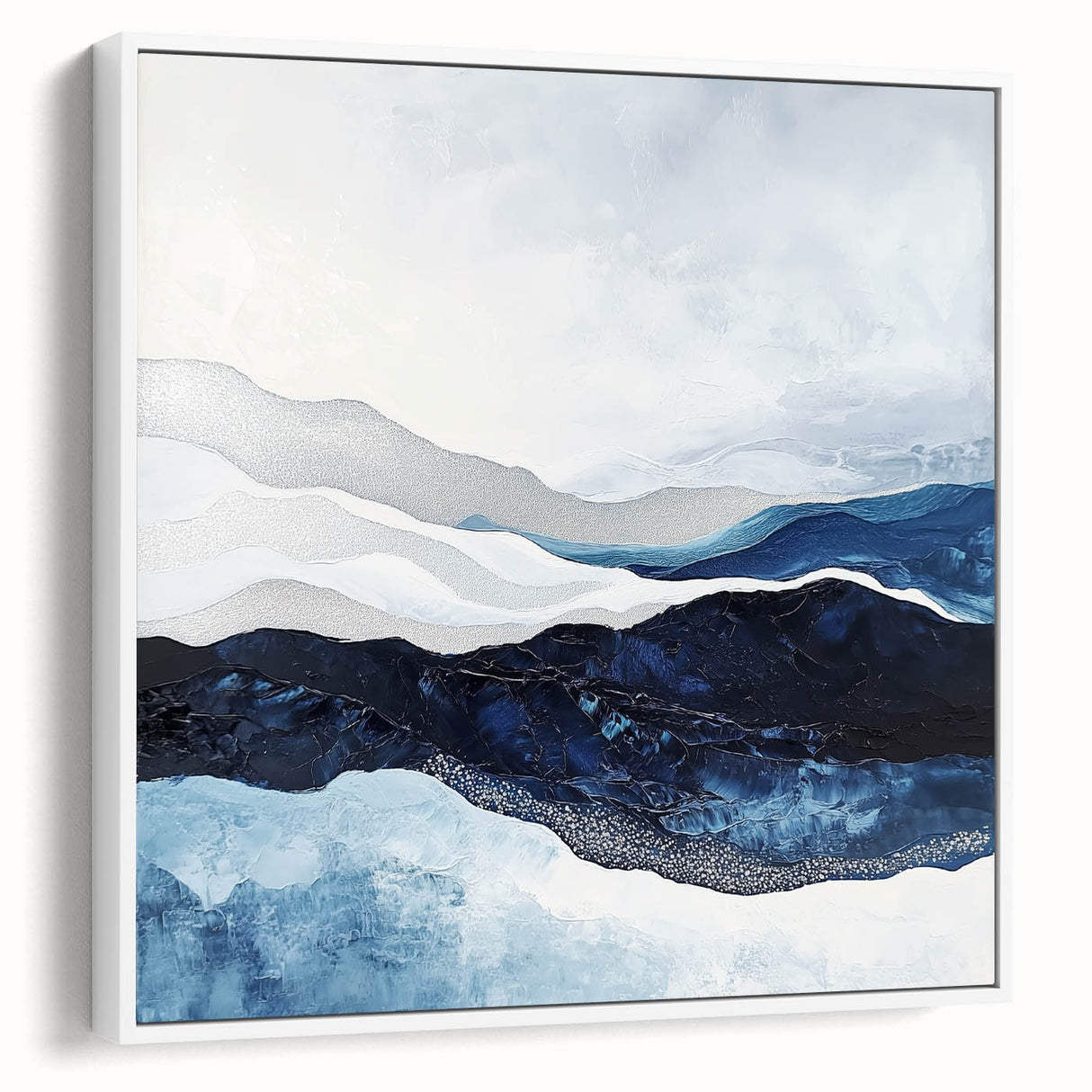 Modern Monochrome Abstract Wall Art – Navy and Silver Canvas