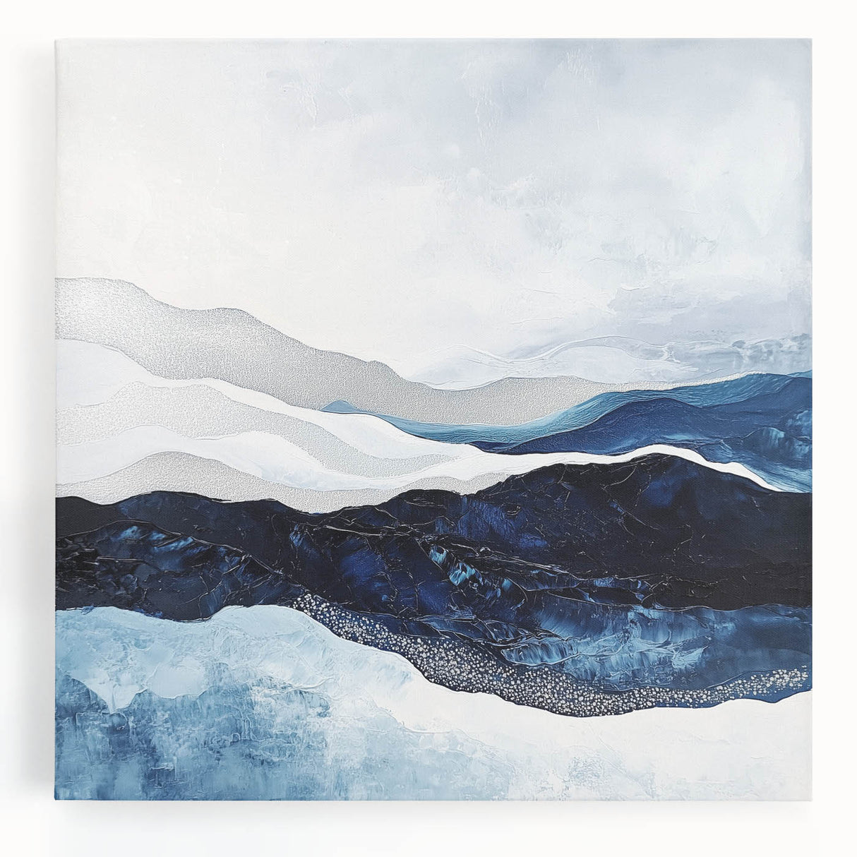 Modern Monochrome Abstract Wall Art – Navy and Silver Canvas