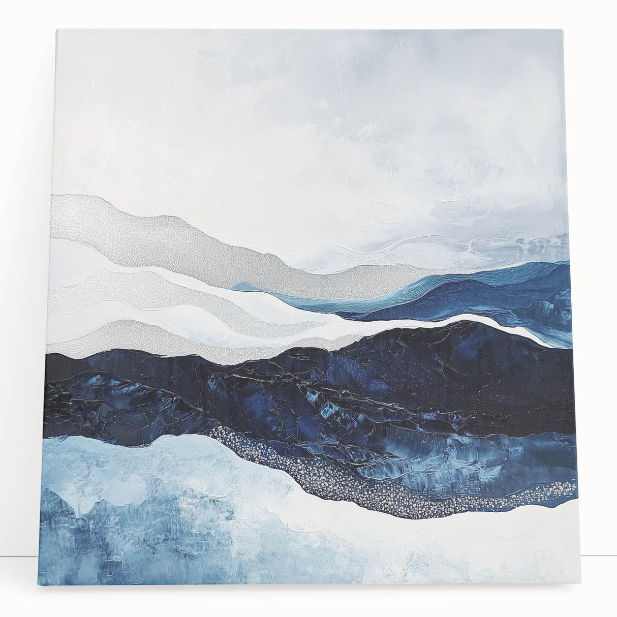 Modern Monochrome Abstract Wall Art – Navy and Silver Canvas