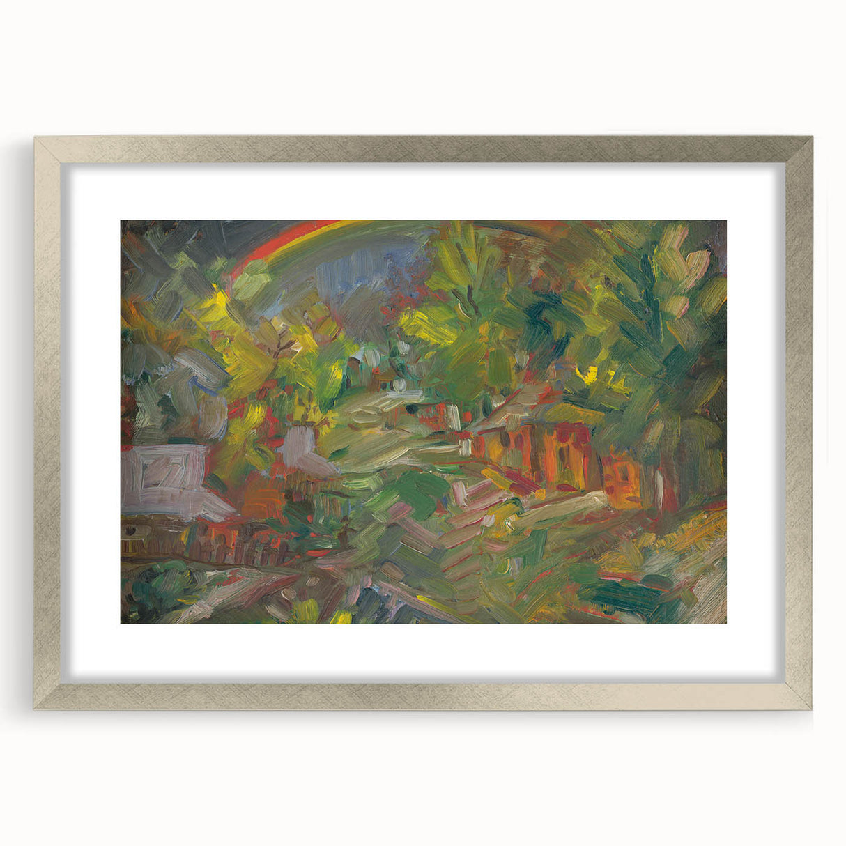Expressionist Art - Rainbow Over a Village Abstract Landscape Wall Art