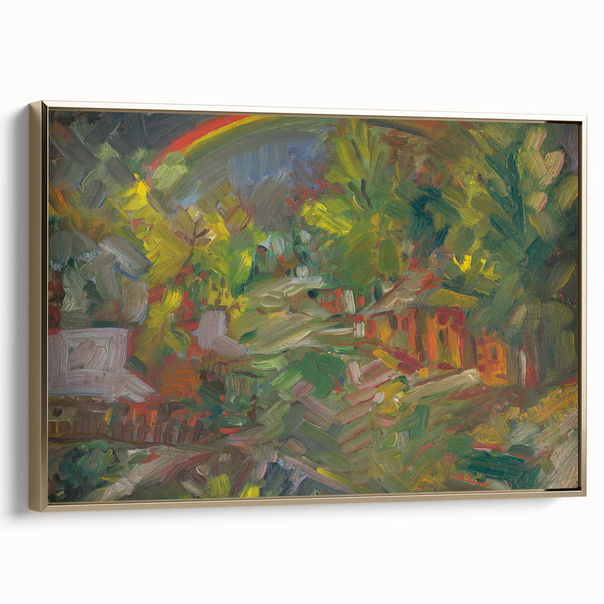 Expressionist Art - Rainbow Over a Village Abstract Landscape Wall Art
