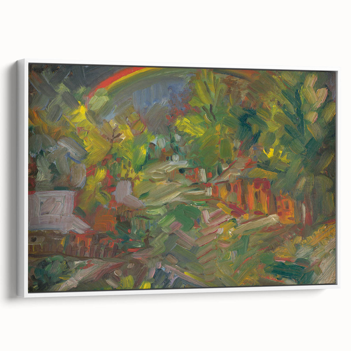 Expressionist Art - Rainbow Over a Village Abstract Landscape Wall Art