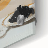 Large abstract wall art in vibrant orange and teal hues on acrylic glass, ideal for dining room art.