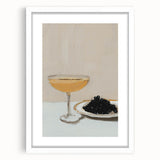 Abstract art print featuring swirling patterns in muted beige and cream, framed in white, suitable for dining room decor.