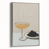 Landscape art painting of colorful food and drinks, framed in silver, on a black vintage poster canvas.
