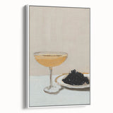 Vintage poster art of colorful food and drink items on a large framed canvas, ideal for living room decor.