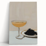 Large black and white stretched canvas featuring an abstract design of food and drinks, ideal for kitchen wall art.