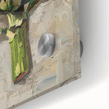 Large abstract wall art featuring an assortment of fruits in vibrant colors on acrylic glass, ideal for dining room decor.