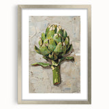 Textured art print of abstract fruits in muted earth tones on a framed silver mat, suitable for bedroom decor.