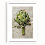 Abstract art print featuring assorted fruits in vibrant colors on a white framed mat, ideal for dining room decor.