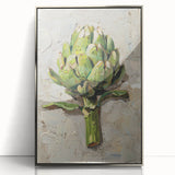 Mid-century modernist art featuring assorted fruits in vibrant colors on a silver-framed acrylic print.