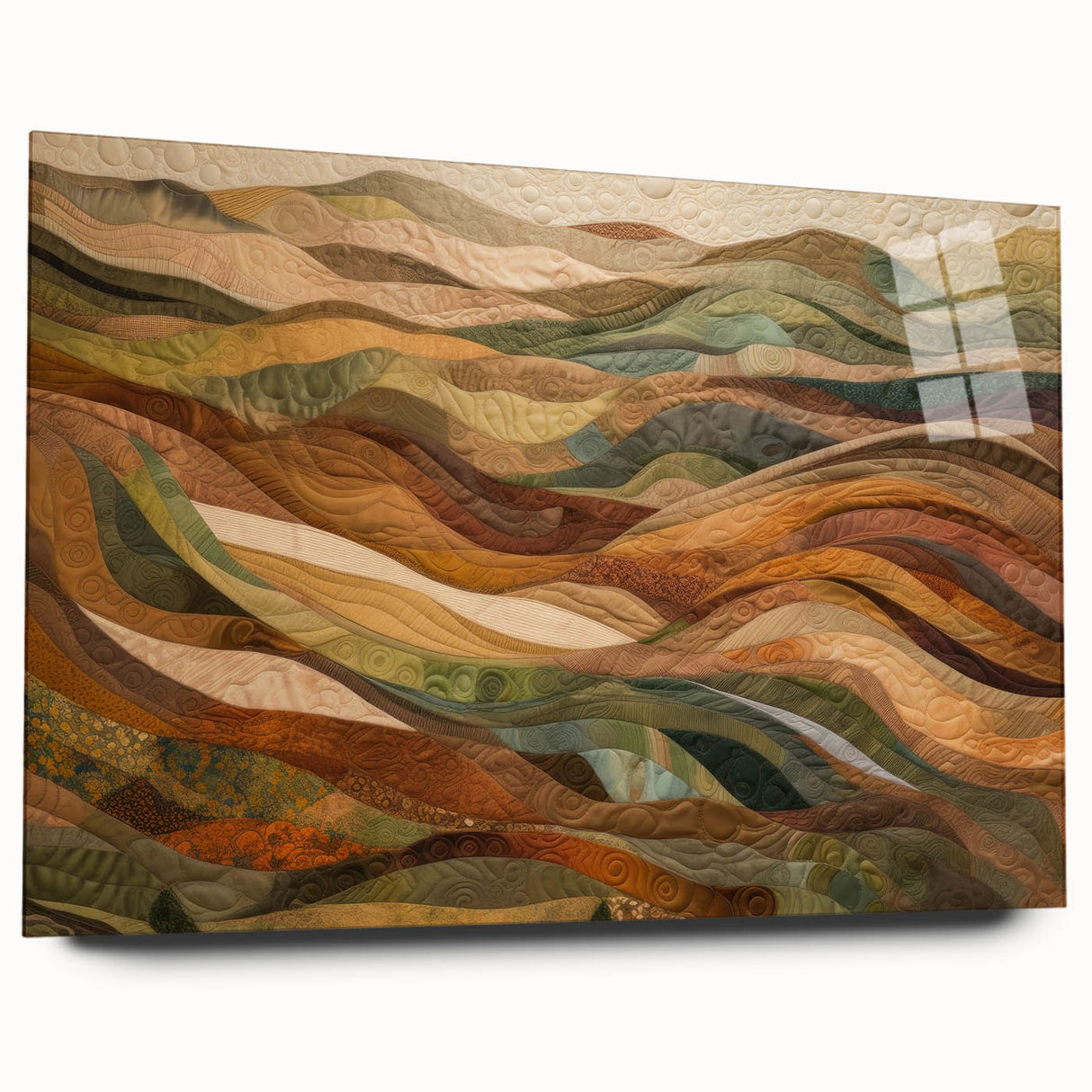 Large abstract wall art in mid-century modernist style, featuring autumnal hues on acrylic glass.