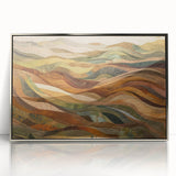 Mid-century modernist art depicting an abstract fall landscape in warm orange and brown tones, framed in silver acrylic.
