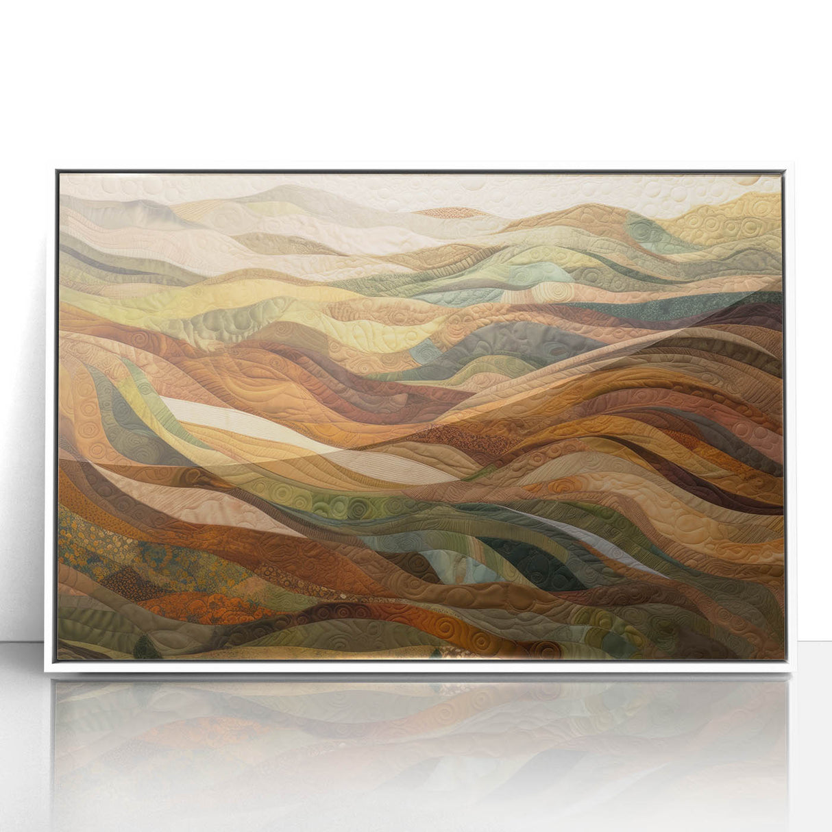 Art deco poster of autumn trees in warm orange and red tones on a white acrylic frame.