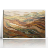 Art deco poster of autumn trees in warm orange and red tones on a white acrylic frame.