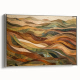 Framed canvas depicting a vintage landscape painting with colorful autumn trees and a black background.