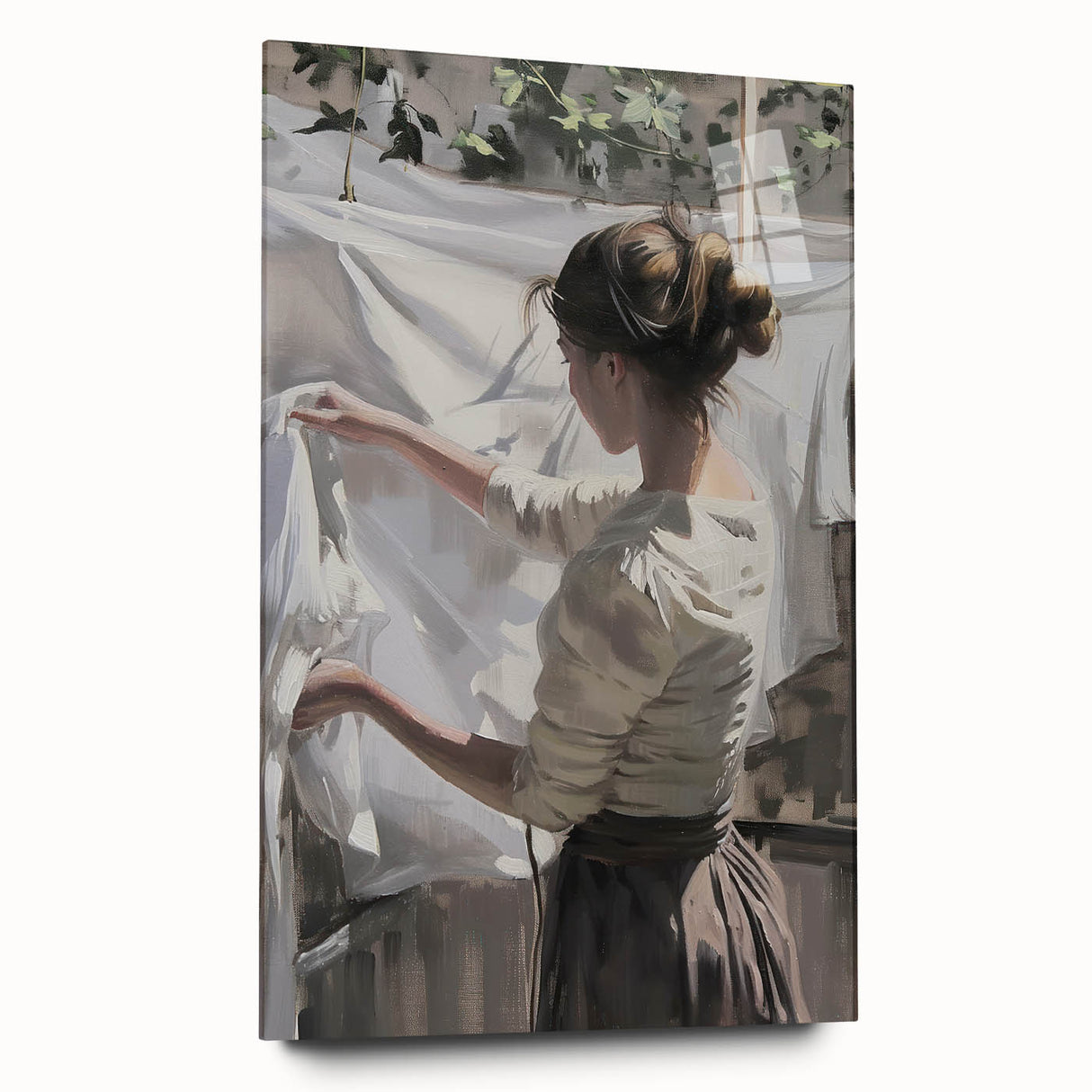Abstract figurative acrylic artwork displayed from the side, featuring vibrant colors and dynamic shapes on glass, suitable for modern decor or gallery settings.