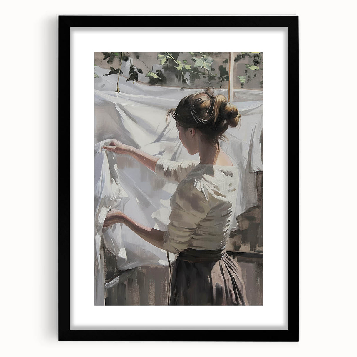 Abstract figurative artwork framed in black with a mat, showcasing vibrant colors and dynamic shapes, perfect for modern decor and artistic expression.