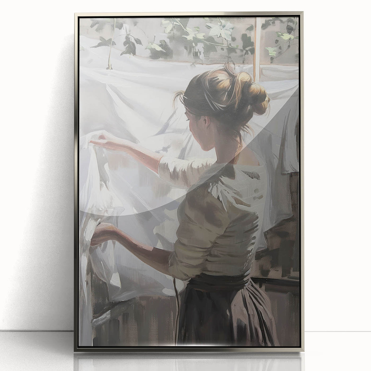 Framed abstract figurative art piece in silver acrylic, showcasing fluid shapes and vibrant colors, perfect for modern home decor and artistic expression.