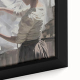 Close-up of a vibrant abstract figurative framed canvas artwork showcasing bold colors and dynamic shapes, perfect for modern home decor, highlighting artistic expression.