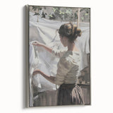 Framed canvas artwork showcasing an abstract figurative design with a silver frame, viewed from the side to highlight its sleek profile and modern aesthetic. Perfect for contemporary home decor or as a statement piece in art galleries.