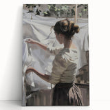 Abstract figurative art canvas print showcasing vibrant colors and dynamic forms, elegantly leaning against a neutral wall, perfect for modern decor.