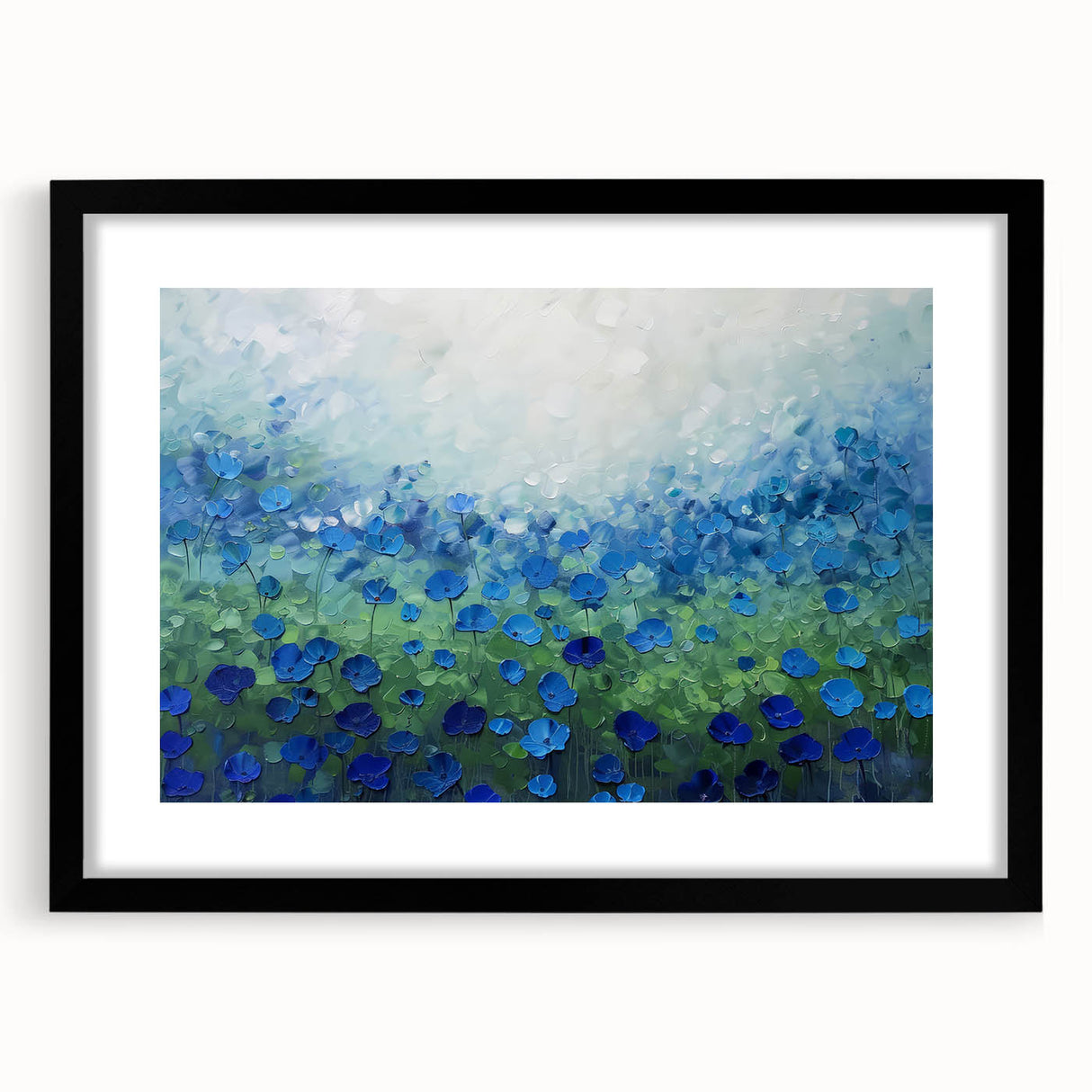 Abstract floral wall art framed in black with a matte finish, showcasing vibrant colors and intricate details, ideal for modern home decor or gallery displays.