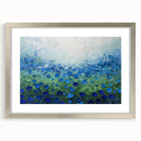 Abstract floral artwork framed in a sleek silver mat, showcasing vibrant colors and intricate details, perfect for modern home decor or gallery display.