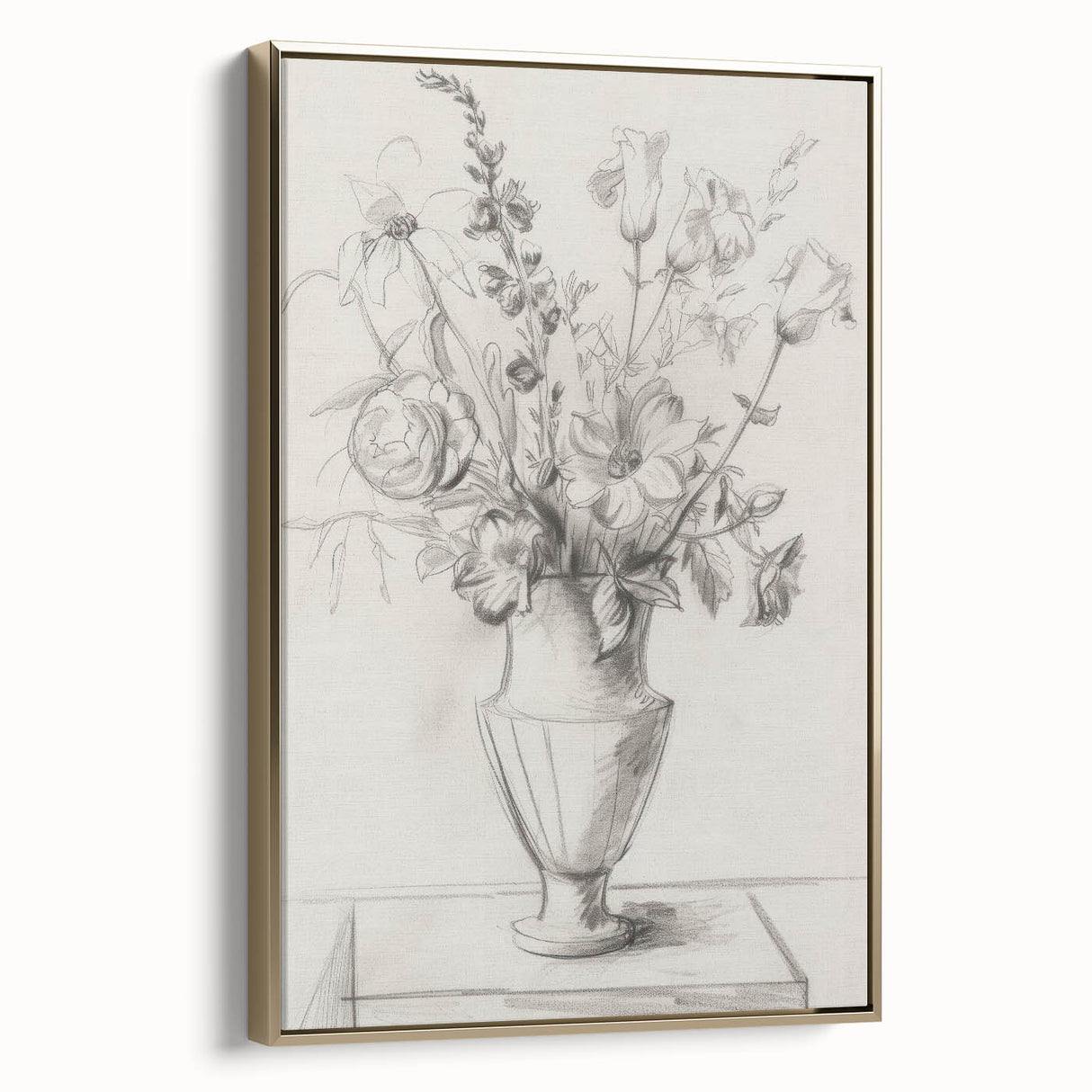 Framed canvas artwork showcasing an abstract floral design with vibrant colors and gold accents, viewed from the side to highlight its elegant frame and texture. Perfect for modern home decor, this piece adds a touch of sophistication to any room.