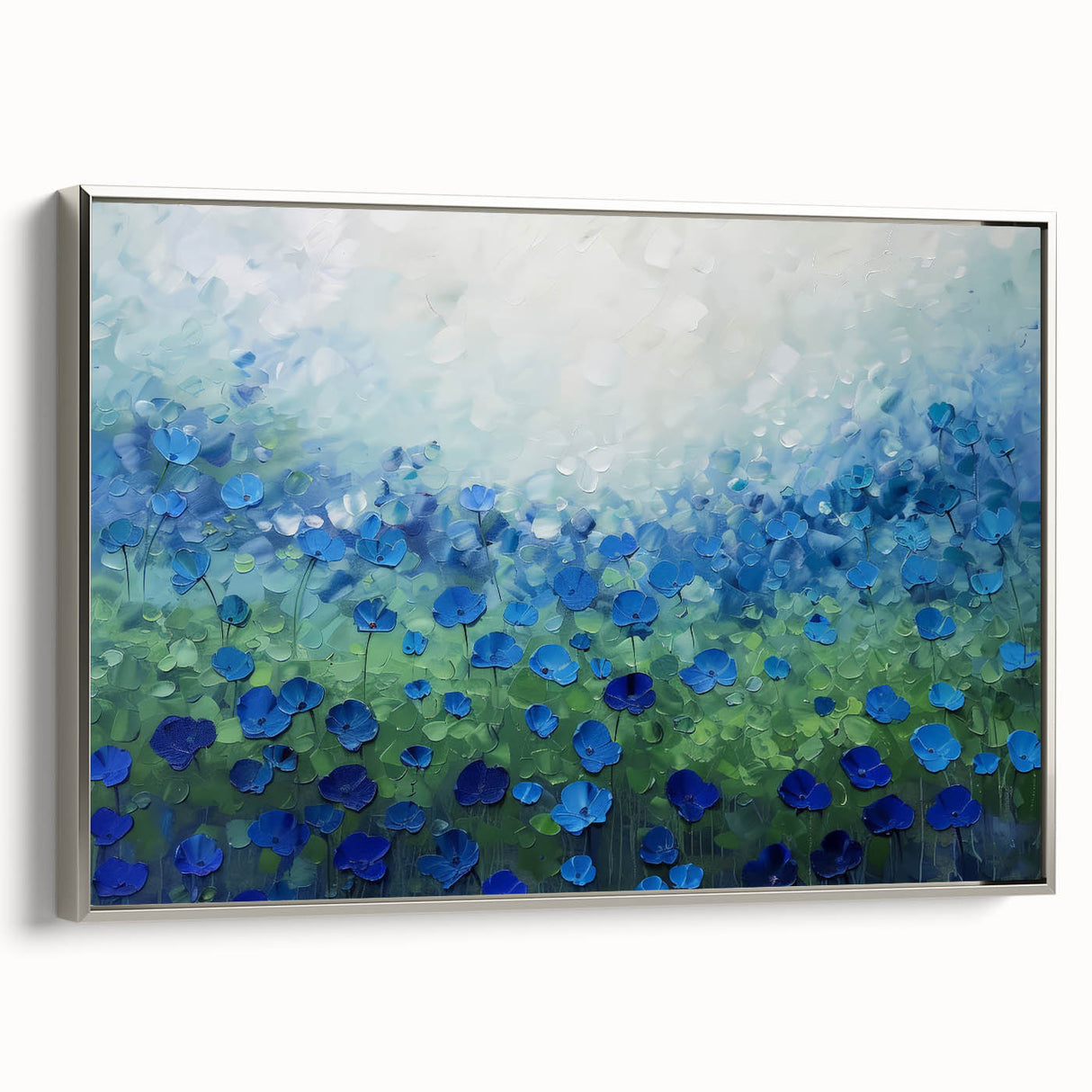 Framed canvas artwork showcasing an abstract floral design with vibrant colors and a silver frame, viewed from the side, ideal for modern home decor.